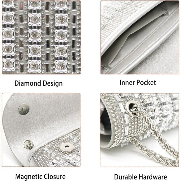 Women Silver Sparkly Rhinestone Cocktail Diamond Bag
